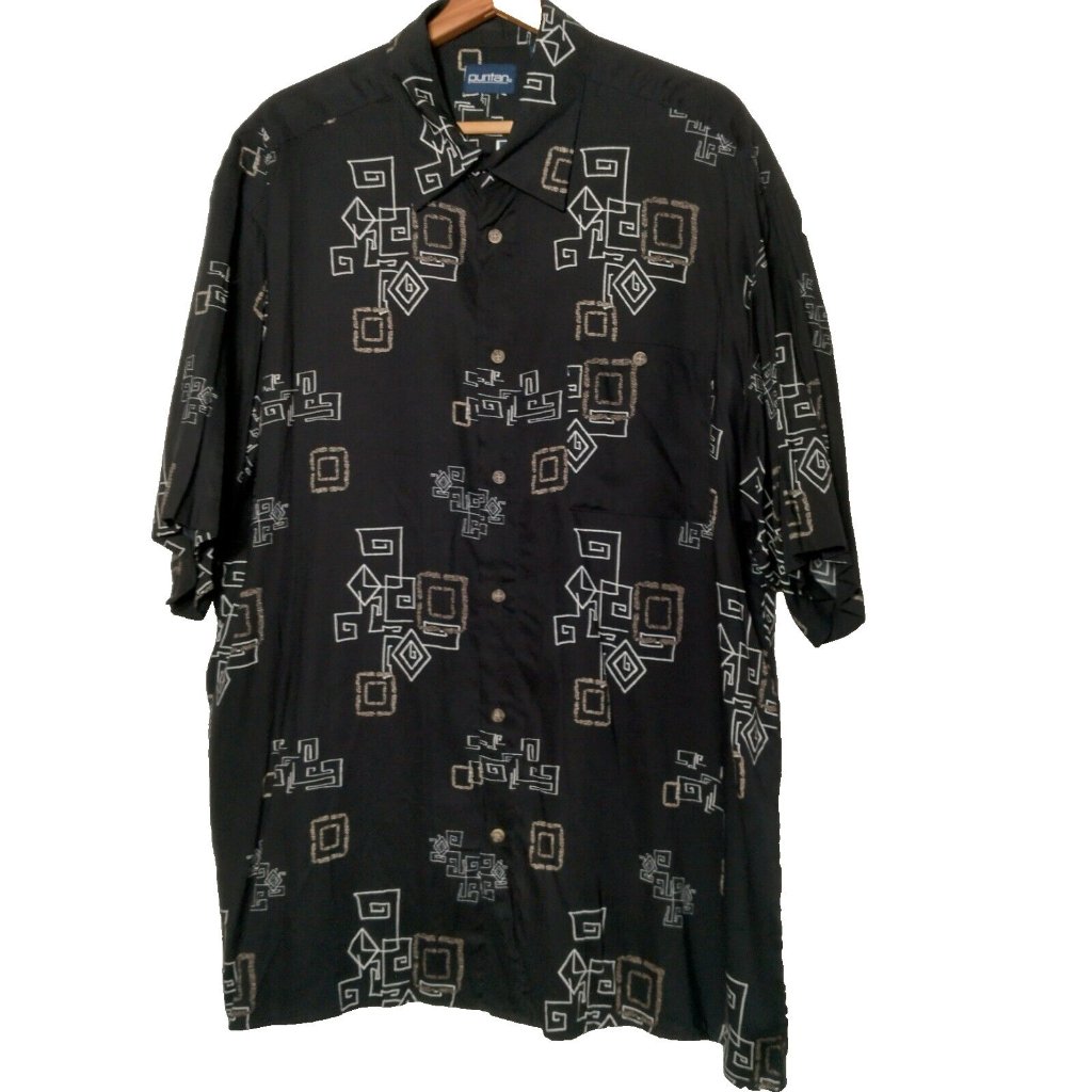 Vintage Y2k Puritan Shirt Men Xl Black Camp Geometric Retro Rayon Nos